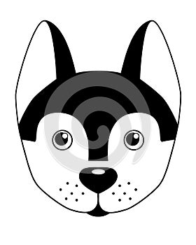 Husky puppy - vector black and white illustration. Dog`s Head - cute picture, childish, smile. Husky dog for logo or sign