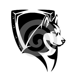 Husky sled dog dog head and metal heraldic shield black and white vector emblem