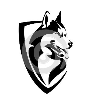 Husky sled dog dog head in simple heraldic shield black and white vector emblem