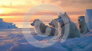 Husky sled dogs rest on sea ice. Generative AI.