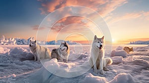 Husky sled dogs rest on sea ice. Generative AI.