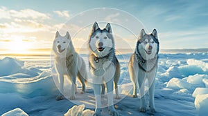 Husky sled dogs rest on sea ice. Generative AI