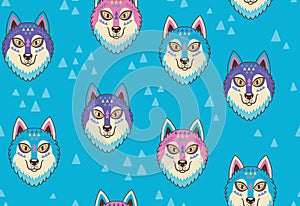 Husky or wolf seamless pattern in blue and pink colors. Vector illustration