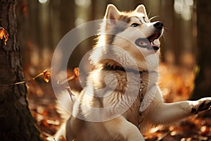 Huskys playfulness standing tall on hind legs, autumn forest charm