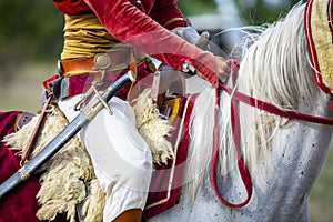 Hussars on horseback. Hussar cavalry lineup in traditional festive uniform. This is a special tourist attraction.