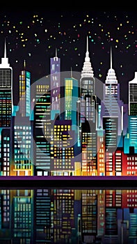 The hustle and bustle of city life with a wallpaper featuring a skyline illuminated.