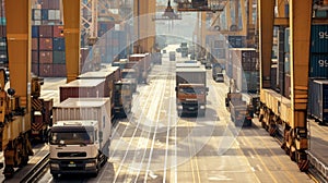 The hustle and bustle of a port terminal with trucks and workers moving swiftly to keep up with the constant flow of