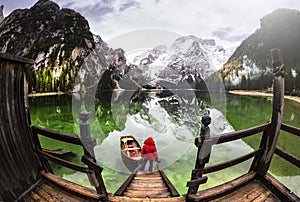 Hut on Braies Lake in Dolomiti mountains and Seeko.