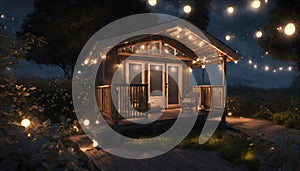 hut and deck at garden in dark sky with string lights and soft illumination