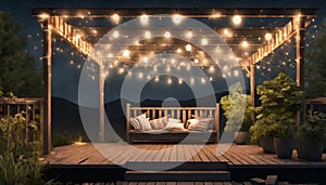 hut and deck at garden in dark sky with string lights and soft illumination