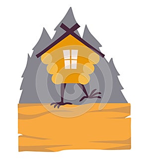 Hut in forest vector logo. Cartoon old house on chicken legs with window, baba yaga home