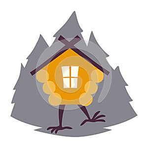 Hut in forest vector logo. Cartoon old house on chicken legs with window, baba yaga home