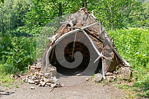Hut made of animal skins and bones. Reconstruction of the human home of the Stone Bronze Age.