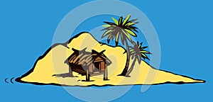 Hut on the island. Vector drawing