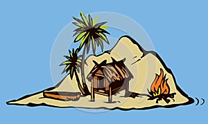 Hut on the island. Vector drawing