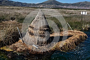 Hut made from reed on a floating island neer Puno, Peru