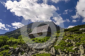 Hut in mountains.