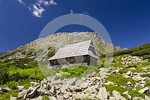 Hut in mountains.