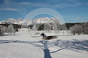 Hut with reflection of tree in snow, Kitzbuhel