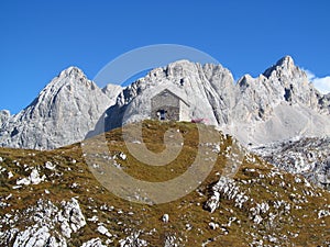The hut, refugio, bivaccoÃÂ Tiziano in the Alps mountains, Marmarole photo