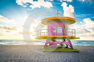 Hut at sunrise on the Miami Beach, Florida, USA