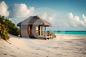 A hut on the white sand of the coast with a beautiful sea view, Generative AI