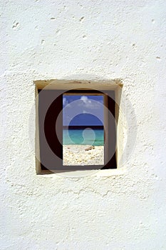 Hut window and ocean, Bonaire