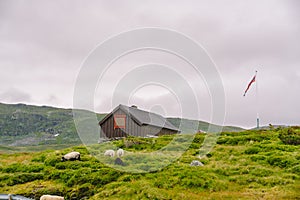 Hut wooden mountain huts in mountain pass Norway. Norwegian landscape with typical scandinavian grass roof houses. Mountain