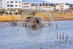 Huts of fishermen in the bay of Ulcinj town, Montenegro