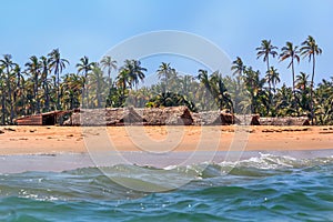 Huts of palm leaves in the jungle on the beach