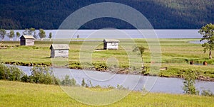 Huts in Summer Meadow in the Village of Ammarnas