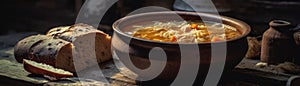 Hutsul Kapusniak Cabbage Soup On Stone Rustic Pub Ukrainian Dishes Wide Panoramic. Generative AI