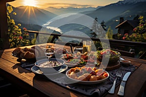 Hutte in Tirol Alm offers a serene sunrise breakfast on its wooden patio