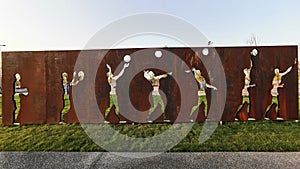 Hutuo river sports park volleyball players hollow metal art wall