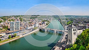 Huy, Wallonia, Belgium. Aerial cityscape with Meuse river