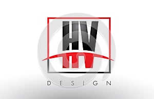 HV H V Logo Letters with Red and Black Colors and Swoosh.