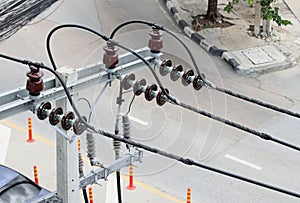 HV Insulators and Cable Installation on Concrete Electrical Pole Top View