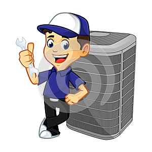 Hvac Cleaner or technician leaning on air conditioner photo
