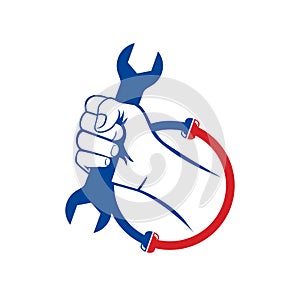 HVAC logo with hand holding the wrech design illustration