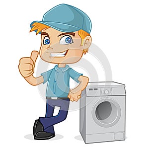 HVAC Technician leaning on washing machine photo