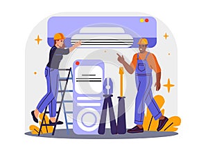 HVAC technicians servicing air unit. Vector illustration