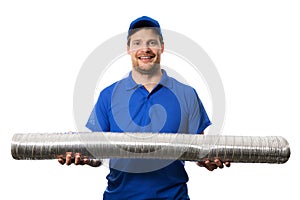 Hvac worker with flexible ventilation system tube in hands