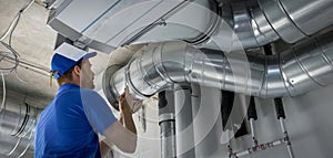 Lavoratore installare tubo sistema ventilazione un l'aria aria condizionata. copiare spazio 