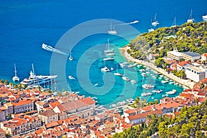 Hvar bay and yachting harbor aerial panoramic view