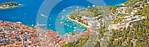 Hvar bay and yachting harbor aerial panoramic view