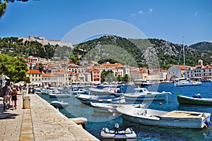 HVAR, CROATIA - JULY 8, 2018: Hvar city harbor with the Spanish