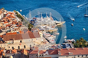 Hvar island, Croatia. Marina. View of the town from the castle. Landscape in summer time.