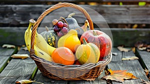 Hvesting the Spirit of Autumn: Scenic Basket Filled with Seasonal Fruit and Pumpkins on Rustic Woo