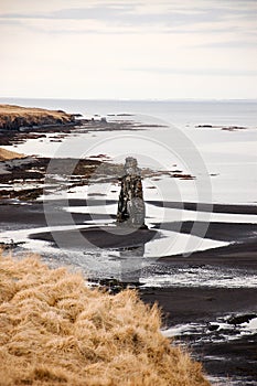 Hvitserkur, black sand, basalt stack, fjord, Iceland