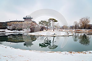 Hwaseong fortress Banghwasuryujeong pond at winter in Suwon, Korea